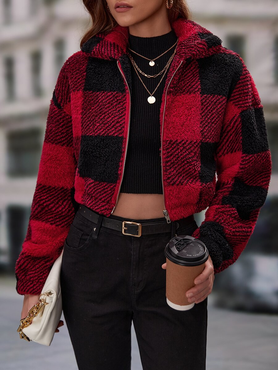 SHEIN Essnce Buffalo Plaid Print Drop Shoulder Teddy Jacket - Red - View 1