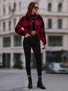 SHEIN Essnce Buffalo Plaid Print Drop Shoulder Teddy Jacket - Red - View 3