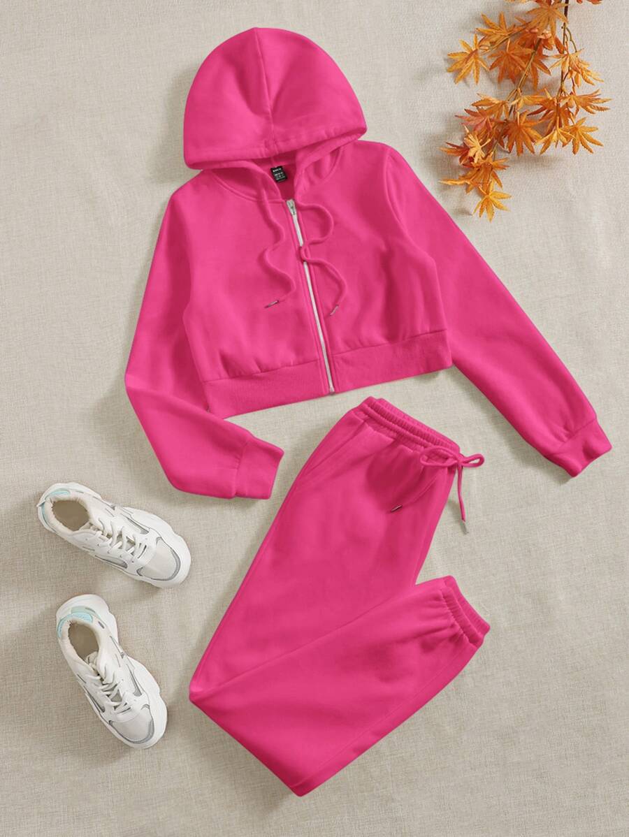 SHEIN EZwear Zip Up Drawstring Hoodie & Joggers - Hot Pink - View 1