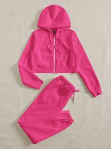 SHEIN EZwear Zip Up Drawstring Hoodie & Joggers - Hot Pink - View 3