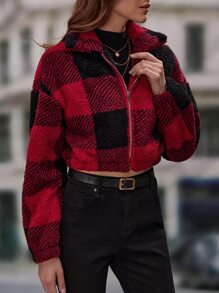 SHEIN Essnce Buffalo Plaid Print Drop Shoulder Teddy Jacket - Red - View 6