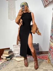 SHEIN ICON Button Front Split Thigh Dress - Black - View 1