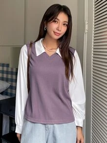 DAZY 拼色长袖衬衫商务休闲秋季女装 - 紫丁香色 - 查看 4