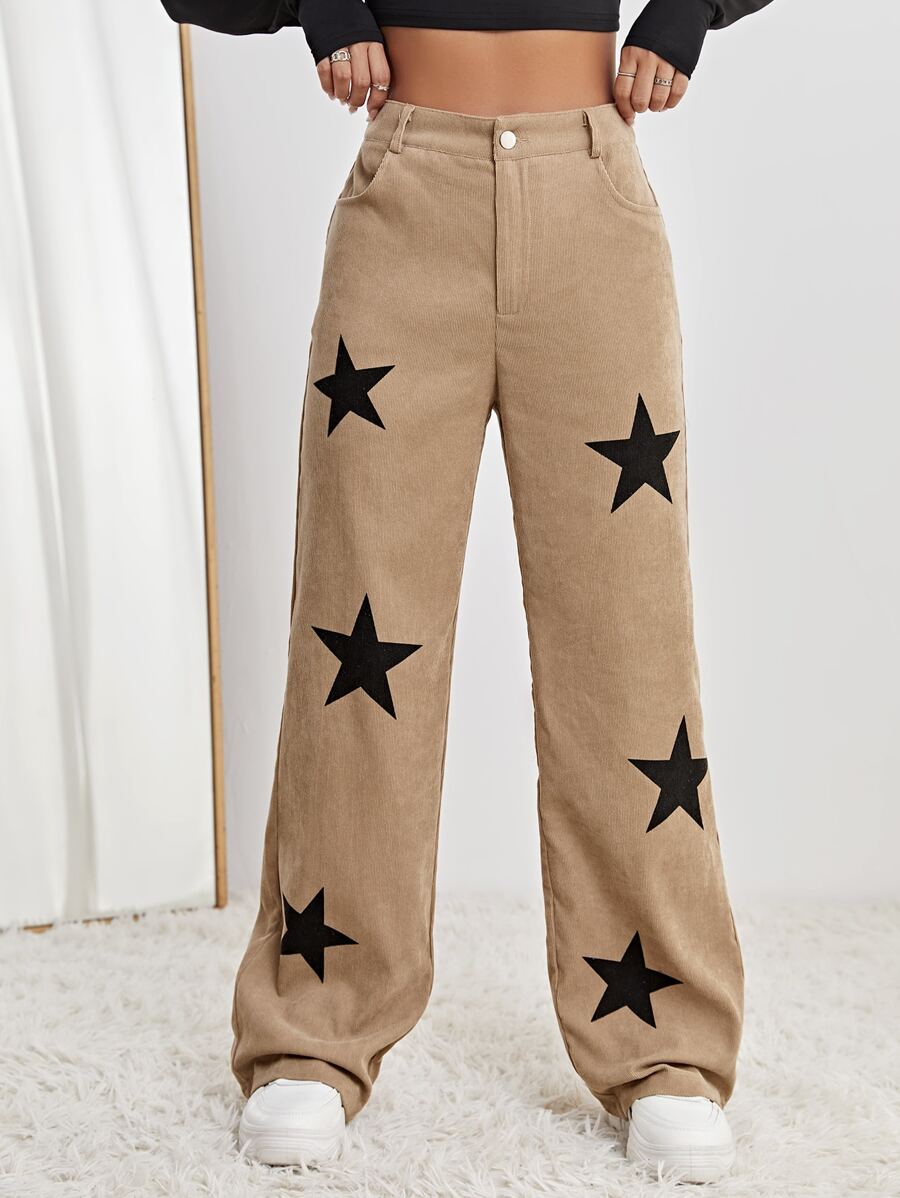 SHEIN EZwear Star Print High Waist Straight Leg Pants - Khaki - View 1