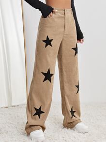 SHEIN EZwear Star Print High Waist Straight Leg Pants - Khaki - View 3