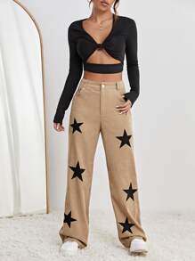 SHEIN EZwear Star Print High Waist Straight Leg Pants - Khaki - View 4