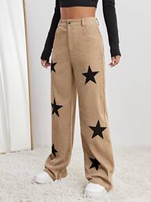 SHEIN EZwear Star Print High Waist Straight Leg Pants - Khaki - View 5