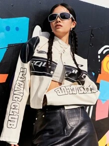 DAZY Letter Graphic Drop Shoulder Crop Jacket,Fall Clothes - White - View 1