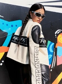 DAZY Letter Graphic Drop Shoulder Crop Jacket,Fall Clothes - White - View 2
