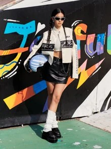 DAZY Letter Graphic Drop Shoulder Crop Jacket,Fall Clothes - White - View 3