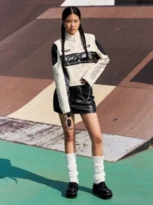 DAZY Letter Graphic Drop Shoulder Crop Jacket,Fall Clothes - White - View 4