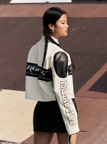 DAZY Letter Graphic Drop Shoulder Crop Jacket,Fall Clothes - White - View 5