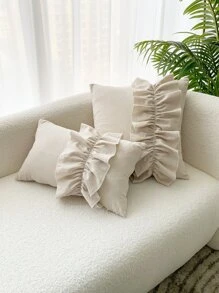 1pc Crinkle Ruffle Trim Pillow Cover Or Lumbar Cushion - Beige - View 1