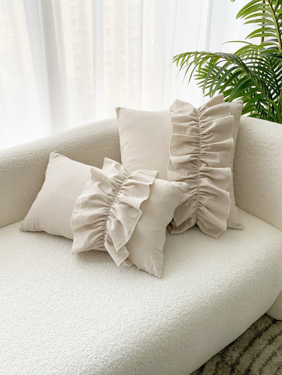 1pc Crinkle Ruffle Trim Pillow Cover Or Lumbar Cushion - Beige - View 1