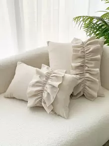 1pc Crinkle Ruffle Trim Pillow Cover Or Lumbar Cushion - Beige - View 2