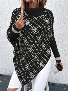 SHEIN LUNE Plaid Pattern Turtleneck Asymmetrical Hem Knit Poncho - Black - View 1