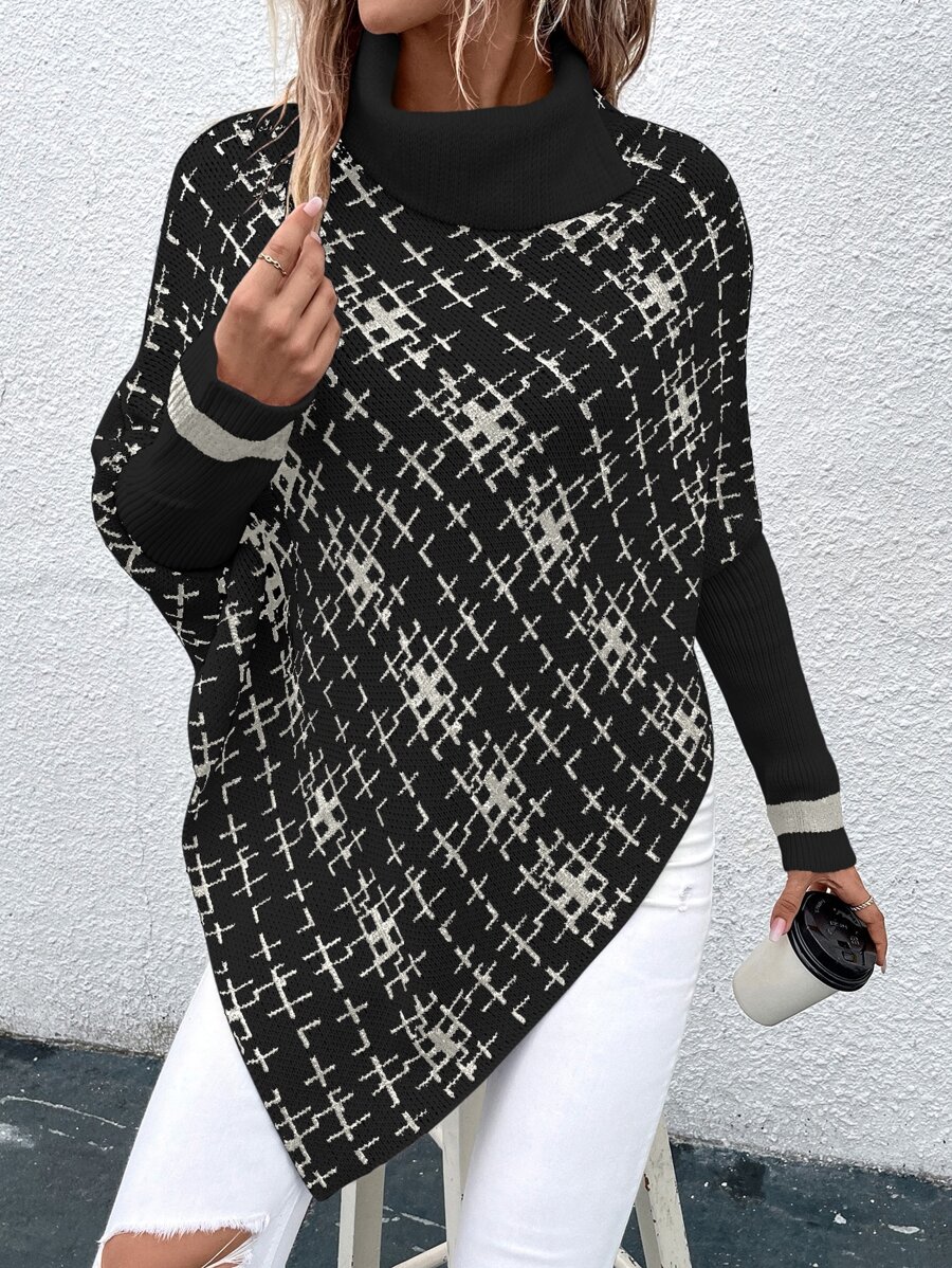 SHEIN LUNE Plaid Pattern Turtleneck Asymmetrical Hem Knit Poncho - Black - View 1