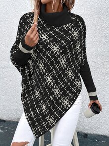 SHEIN LUNE Plaid Pattern Turtleneck Asymmetrical Hem Knit Poncho - Black - View 3