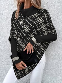 SHEIN LUNE Plaid Pattern Turtleneck Asymmetrical Hem Knit Poncho - Black - View 4