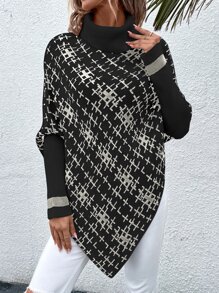 SHEIN LUNE Plaid Pattern Turtleneck Asymmetrical Hem Knit Poncho - Black - View 5