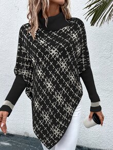SHEIN LUNE Plaid Pattern Turtleneck Asymmetrical Hem Knit Poncho - Black - View 6