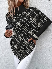 SHEIN LUNE Plaid Pattern Turtleneck Asymmetrical Hem Knit Poncho - Black - View 7