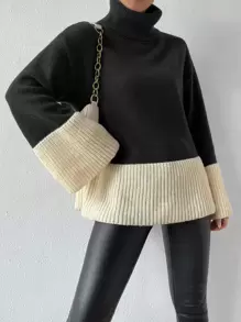 SHEIN Essnce Two Tone Turtleneck Flounce Sleeve Jumper - Black and White - View 1