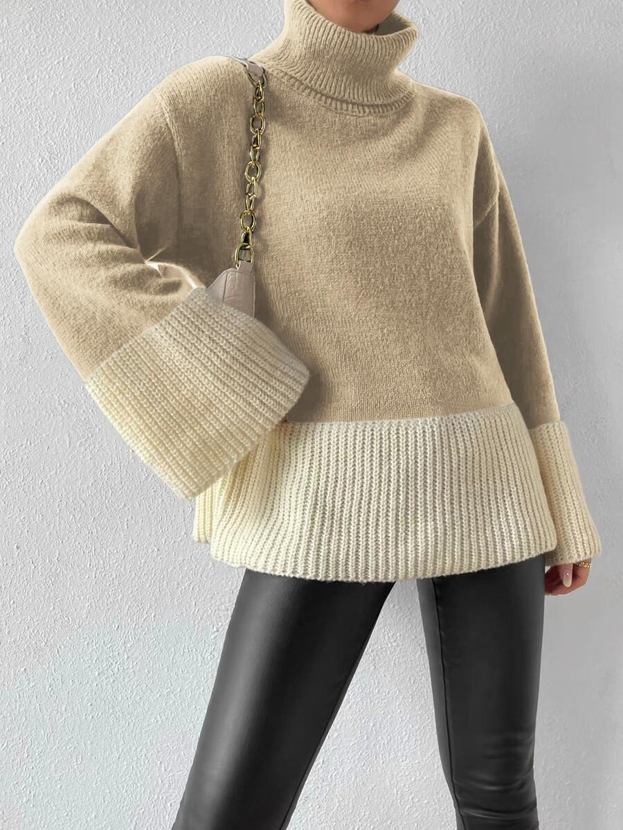 SHEIN Essnce Two Tone Turtleneck Flounce Sleeve Jumper - Khaki - View 1