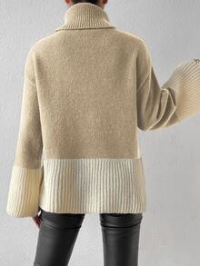 SHEIN Essnce Two Tone Turtleneck Flounce Sleeve Jumper - Khaki - View 2