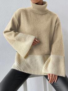 SHEIN Essnce Two Tone Turtleneck Flounce Sleeve Jumper - Khaki - View 3