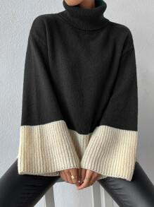 SHEIN Essnce Two Tone Turtleneck Flounce Sleeve Jumper - Black and White - View 3