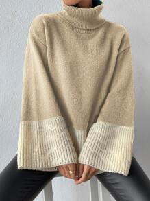 SHEIN Essnce Two Tone Turtleneck Flounce Sleeve Jumper - Khaki - View 4