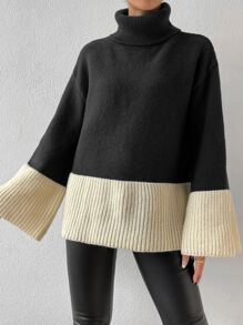 SHEIN Essnce Two Tone Turtleneck Flounce Sleeve Jumper - Black and White - View 5