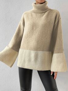 SHEIN Essnce Two Tone Turtleneck Flounce Sleeve Jumper - Khaki - View 5