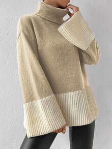SHEIN Essnce Two Tone Turtleneck Flounce Sleeve Jumper - Khaki - View 6