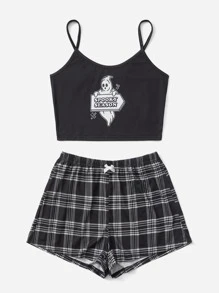 Mystic heart Ghost Print Plaid PJ Set - Black - View 3