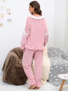Contrast Lace Bow Detail Flounce Sleeve Flannelette PJ Set - Baby Pink - View 2