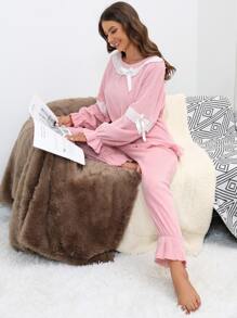 Contrast Lace Bow Detail Flounce Sleeve Flannelette PJ Set - Baby Pink - View 4