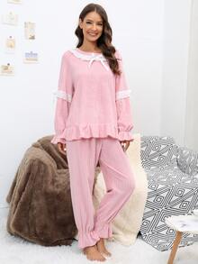 Contrast Lace Bow Detail Flounce Sleeve Flannelette PJ Set - Baby Pink - View 5