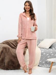 Bộ đồ giản dị Nữ Dây kéo màu trơn Giải trí - Màu Hồng  San hô - Xem 5