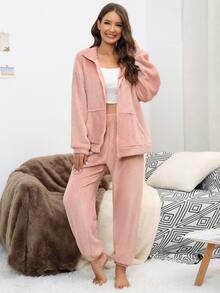 Bộ đồ giản dị Nữ Dây kéo màu trơn Giải trí - Màu Hồng  San hô - Xem 6