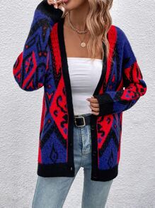 SHEIN LUNE Cárdigan de plumero con patrón geométrico de hombros caídos - Rojo - Ver 4