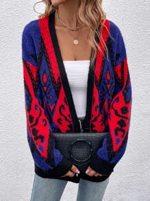 SHEIN LUNE Cárdigan de plumero con patrón geométrico de hombros caídos - Rojo - Ver 5