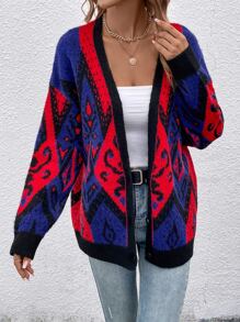 SHEIN LUNE Cárdigan de plumero con patrón geométrico de hombros caídos - Rojo - Ver 3