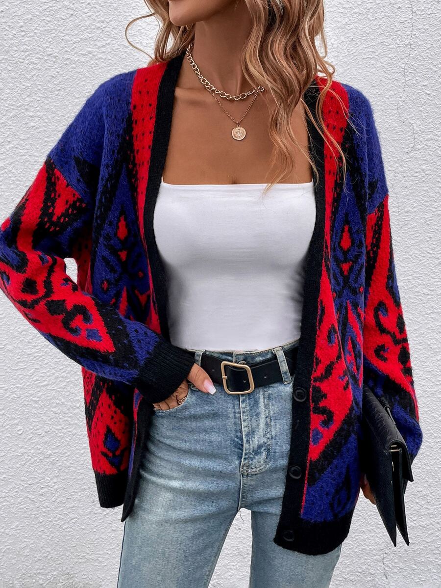 SHEIN LUNE Cárdigan de plumero con patrón geométrico de hombros caídos - Rojo - Ver 1