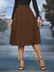 SHEIN Clasi 斑點印花彈性腰帶半身裙 - 咖啡棕 - 查看 5