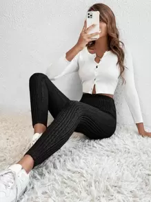 SHEIN EZwear Solid Ribbed Knit Leggings - Black - View 1