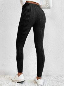 SHEIN EZwear Solid Ribbed Knit Leggings - Black - View 2