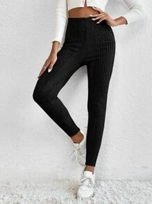 SHEIN EZwear Solid Ribbed Knit Leggings - Black - View 3
