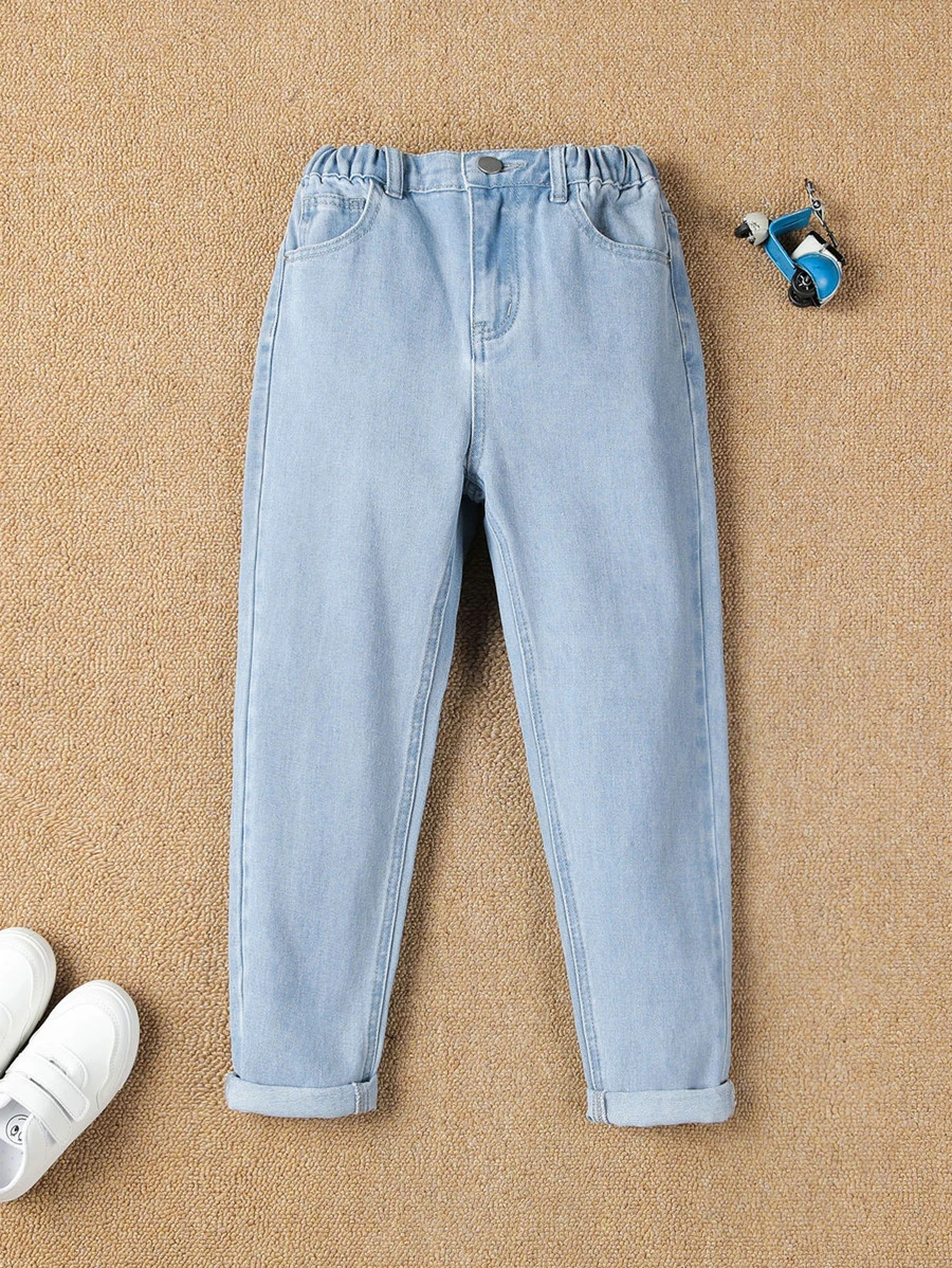 SHEIN Tween Boy Light Wash Elastic Waist Jeans Chic Outfits For Autumn/Winter - Light Wash - View 1